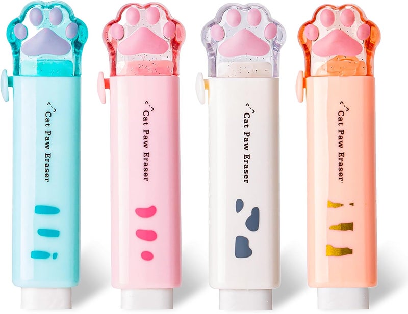 PANDENNER Retractable Pencil Eraser, Cute Erasers,Cat Paw Eraser,Suitable for School Home Office Supplies, 4Pcs (Eraser-BLFC) - Image 1